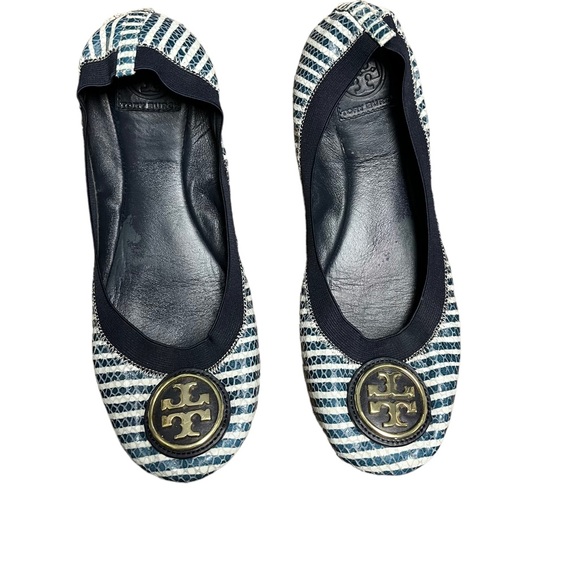 Tory Burch Shoes - Tory Burch Caroline 2 Snake-Print leather Ballet Flat Navy/Ivory striped…